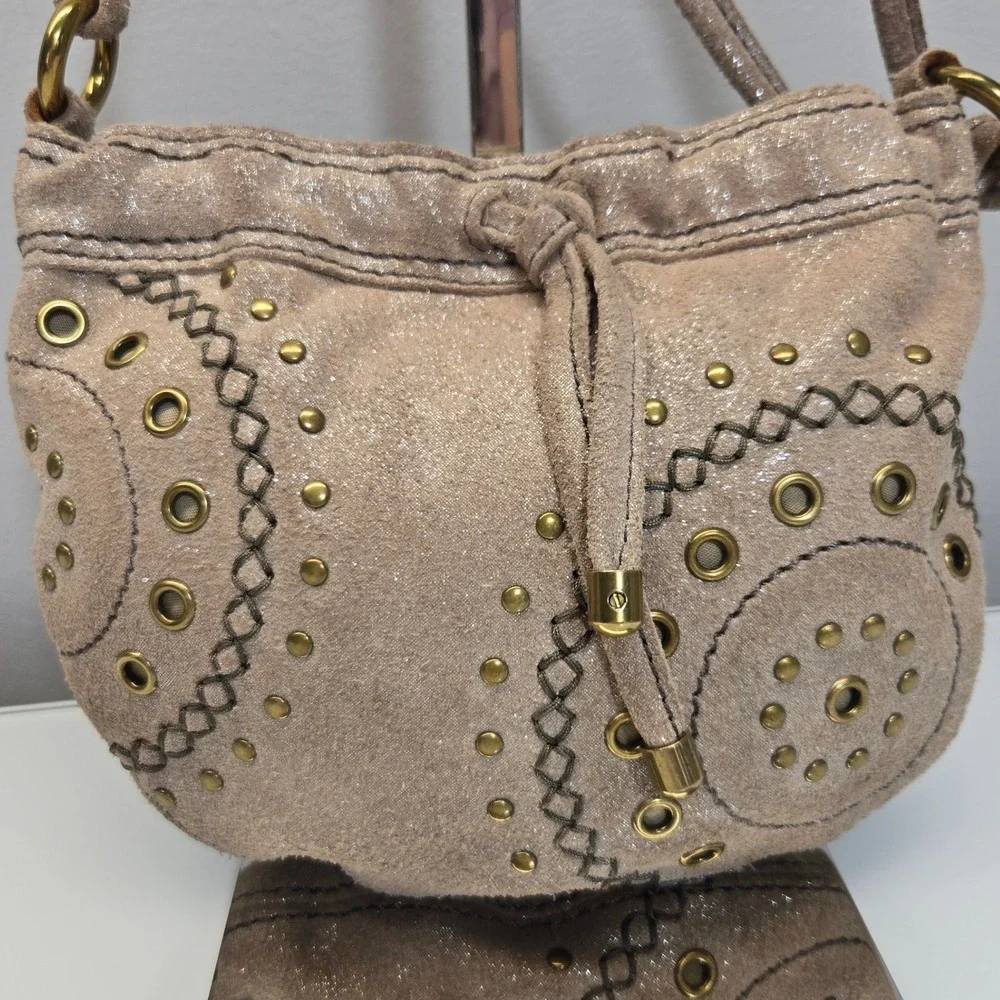 Fossil Small Leather Crossbody Bucket Bag Metallic Shimmer Suede Studded Western